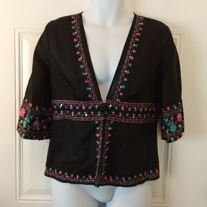 Silkland unlined black sequins and embroider three-quarter sleeve linen jacket